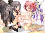  akemi_homura angel_and_devil babydoll bare_legs barefoot black_hair black_legwear black_panties black_wings blue_eyes blush checkered checkered_floor hair_ribbon highres iori_(magunisu) kaname_madoka long_hair mahou_shoujo_madoka_magica mechanical_wings multiple_girls navel panties panty_pull pink_eyes pink_hair pink_panties ribbon thighhighs tile_floor tiles twintails underwear wings yuri 