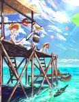  bad_id bad_pixiv_id banned_artist barefoot bird black_hair blonde_hair day dress fishing_rod foot_hold happy hat highres long_hair multiple_girls ocean original pelican pier red_eyes shark sky straw_hat water yazuwo 