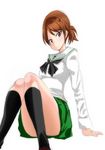  alternate_costume black_legwear breasts brown_eyes brown_hair girls_und_panzer green_skirt kawanishi_shinobu killing-inthe-name long_sleeves medium_breasts ooarai_school_uniform pleated_skirt ponytail school_uniform serafuku short_hair sitting skirt socks solo 