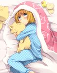  1boy armin_arlert bed blanket blonde_hair blue_eyes blush hug marimo_danshaku pajamas scared shingeki_no_kyojin short_hair tears 