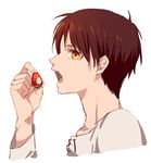  bad_id bad_pixiv_id bangoul brown_hair eating eren_yeager food fruit male_focus open_mouth shingeki_no_kyojin simple_background solo strawberry white_background yellow_eyes 