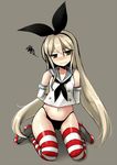  arms_behind_back black_panties blonde_hair blush elbow_gloves gloves green_eyes hairband highleg highleg_panties kantai_collection long_hair looking_at_viewer narumizg navel panties restrained shimakaze_(kantai_collection) simple_background solo squiggle striped striped_legwear thighhighs underwear very_long_hair wavy_mouth white_gloves 