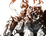  beast clothing duo fangs feline female feral heels human mammal monochrome pet plain_background tiger white_background 