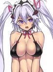  bare_shoulders bikini bikini_top black_bikini breasts cleavage detached_collar horns houtengeki large_breasts lavender_hair long_hair maid maid_headdress navel open_mouth original purple_eyes sketch solo string_bikini swimsuit twintails upper_body 