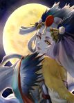  1girl absurdres aoandon dorain_(duyu) feathers hair_feathers hair_ornament hair_rings highres long_hair looking_at_viewer moonlight onmyoji open_mouth pale_skin solo standing very_long_hair white_hair 
