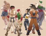  5boys absurdres ahoge antennae ass bad_id bad_pixiv_id bald barefoot beret black_hair blonde_hair boots braid brown_hair cammy_white camouflage cape character_name crossed_arms dougi dragon_ball dragon_ball_z eyepatch fingerless_gloves gloves green_leotard green_skin hands_on_hips hat headband height_chart highres huge_ahoge leotard long_hair multiple_boys muscle namek piccolo pointy_ears ryuu_(street_fighter) sagat son_gokuu spiked_hair street_fighter supobi thong_leotard translation_request turban vegeta 