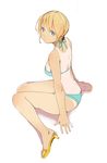  bad_id bad_pixiv_id bikini blonde_hair blue_eyes breasts cleavage error looking_at_viewer looking_back medium_breasts one-piece_tan original sandals short_hair side-tie_bikini sitting solo swimsuit tan tanline ume_(plumblossom) wariza wrong_feet 