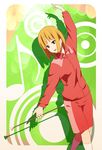  baton blonde_hair gym_shorts highres jacket musical_note orange_eyes short_hair shorts smile solo tamako_market tokiwa_midori track_jacket twirl_baton zasshu_tamashii 