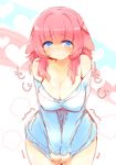  bare_shoulders blue_eyes blush breasts cleavage collarbone covering covering_crotch duplicate ears_down kanae_(naomi) large_breasts looking_at_viewer naomi_(sekai_no_hate_no_kissaten) off-shoulder_sweater original pink_hair shiny shiny_skin shirt_tug solo sweater tears trembling wavy_mouth 