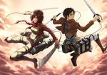  1girl boots emblem eren_yeager haoni mikasa_ackerman military military_uniform paradis_military_uniform scarf shingeki_no_kyojin short_hair survey_corps_(emblem) sword three-dimensional_maneuver_gear uniform weapon 