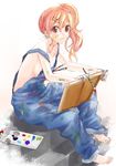  :3 art_brush bad_id bad_pixiv_id barefoot breasts canvas_(object) dirty hair_ornament hairclip highres mappe_(778exceed) medium_breasts naked_overalls orange_hair original overalls paintbrush painting palette red_eyes side_ponytail sideboob sitting smile solo 