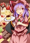  bat_wings cake dress food fork hat kan_lee one_eye_closed pudding purple_hair red_eyes remilia_scarlet short_hair smile solo touhou wings 