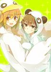  1girl abandon_ranka amamiya_hibiya animal_costume bird blonde_hair duck green_background hood hoodie kagerou_project kisaragi_momo orange_eyes otsukimi_recital_(vocaloid) panda_costume short_hair side_ponytail sweatdrop 