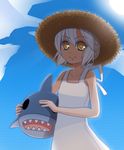  alternate_hairstyle animal bare_shoulders cloud day disc_(needless) dress hat headphones highres looking_at_viewer needless non-web_source shark short_hair silver_hair sky smile solo sun_hat sunglasses sunimu white_dress yellow_eyes 