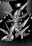  absurdres armor bodysuit breasts cyborg greyscale guardic_gaiden highres large_breasts long_hair mecha_musume mechanical_wings monochrome nagi_(yasasiihitogorosi) screentones solo system_d.p. thrusters wings 