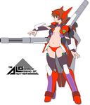  black_legwear breasts brown_hair cannon detached_sleeves flat_color guardic_gaiden highres logo mecha_musume navel panties red_panties short_hair small_breasts solo system_d.p. thighhighs toizumi underwear 