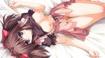  1girl areolae bed berry&#039;s berry's blush breasts brown_hair game_cg highres izuno_youko kokonobi large_breasts long_hair looking_at_viewer lying nipples no_bra panties purple_eyes shirt_lift skirt skirt_lift solo sweat thighs twintails underwear upskirt 
