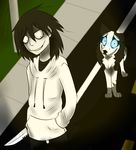  black_hair blue_eyes canine clothed clothing creepypasta cute day dog duo feral fur grass grin hair human husky jeff_the_killer knife male mammal outside road smile smile.dog teeth tomorrow-yesterday white_fur 