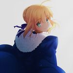  ahoge artoria_pendragon_(all) blonde_hair blue_cape cape fate/stay_night fate_(series) from_behind green_eyes hair_ribbon looking_back ribbon saber smile solo tusia 
