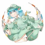  backpack bag blue_eyes blue_hair blush clover four-leaf_clover hair_bobbles hair_ornament hat kawashiro_nitori key long_sleeves pliers screwdriver short_hair skirt smile sofa_(enogunomu) solo touhou two_side_up wrench 