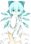  :o blue_eyes blue_hair blush bow cirno dress_shirt hair_bow ice ice_wings katori_(quietude) long_sleeves looking_at_viewer naked_shirt oversized_clothes shirt short_hair sleeves_past_fingers sleeves_past_wrists solo touhou white_background wings 