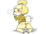  anthro bell bells blush bottomless canine female isabelle_(animal_crossing) looking_at_viewer mammal nintendo pussy solo video_games 