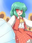  ascot blush flower green_hair kazami_yuuka open_mouth plaid plaid_skirt plaid_vest red_eyes ry short_hair skirt skirt_set smile solo sunflower touhou umbrella vest 