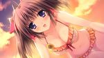  1girl bare_shoulders berry&#039;s berry's bikini blush breasts brown_hair cleavage cloud clouds covered_nipples erect_nipples evening game_cg happy highres hips izuno_youko kokonobi large_breasts long_hair looking_at_viewer navel open_mouth purple_eyes sky solo swimsuit twintails 
