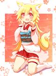  animal_ear_fluff animal_ears bad_id bad_pixiv_id blonde_hair fox_ears fox_tail futaba_akane long_hair naomi_(sekai_no_hate_no_kissaten) original paw_pose red_eyes solo tail 