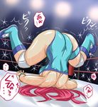  1girl ass back boots breasts large_breasts leg_band long_hair mighty_yukiko muscle pink_hair sweat taroimo_(00120014) thighs translation_request trembling upside-down wrestle_angels wrestle_angels_survivor wrestling_outfit wrestling_ring 