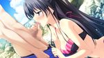  1girl bare_shoulders beach berry&#039;s berry's bikini black_hair blue_eyes blush breasts censored cleavage cloud clouds fellatio game_cg highres kneeling kokonobi long_hair morikubo_yuna navel oral penis sky standing sweat swimsuit twintails 