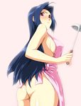  ahoge apron ass back blue_hair blush breasts fugakuhyakkei highres holding idolmaster idolmaster_(classic) ladle long_hair looking_at_viewer looking_back medium_breasts miura_azusa naked_apron red_eyes sideboob solo standing white_background 