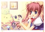  5girls :d ;d @_@ absurdres arietta_(lyrical_lyric) asakura_nanao blue_eyes blush_stickers board_game bow bowtie brown_eyes character_request chibi hagiwara_tomoe highres huge_filesize kuu_(lyrical_lyric) lyrical_lyric mikeou multiple_girls one_eye_closed open_mouth painting_(object) pink_hair puffy_short_sleeves puffy_sleeves purple_eyes purple_hair red_bow red_neckwear school_uniform short_hair_with_long_locks short_sleeves sidelocks smile stuffed_animal stuffed_pig stuffed_toy takami_rin twintails upper_body 