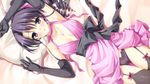  1girl armpits arms_up bare_shoulders bed berry&#039;s berry's black_hair blue_eyes blush breasts cameltoe cleavage dress drill_hair elbow_gloves game_cg garter_belt gloves highres kokonobi long_hair looking_at_viewer lying morikubo_yuna panties pillow solo thighhighs underwear 
