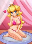 barefoot bikini blonde_hair blue_eyes blush bra breasts closed_mouth covered_nipples crown curvy earrings erect_nipples feet heart highres jewelry large_breasts lips long_hair looking_at_viewer navel nintendo photoshop princess_peach sexually_suggestive sigurd_hosenfeld sigurdhosenfeld smile solo super_mario_bros. swimsuit thighs toes tongue underwear wink 