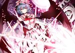  bat bat_wings blue_hair brochette chiruru96 clock cross dress hat highres looking_at_viewer moon puffy_sleeves red_eyes remilia_scarlet short_hair short_sleeves slit_pupils smile solo touhou vampire white_dress wings 