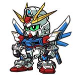  arms_at_sides bright_pupils build_strike_gundam clenched_hands full_body green_sclera gundam gundam_build_fighters mecha no_humans sd_gundam simple_background white_background yk-ts 