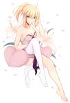  ahoge artoria_pendragon_(all) bare_shoulders barefoot blonde_hair blush breasts cleavage colorized corset fate/stay_night fate/unlimited_codes fate_(series) feet flower garters green_eyes hand_in_hair heart heart_pillow highres legs lily_(flower) looking_at_viewer medium_breasts pillow ponytail ribbon saber saber_lily single_thighhigh smile solo thighhighs toes tusia white_legwear 