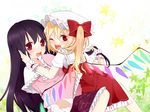  black_hair blonde_hair blush bow fang flandre_scarlet hair_bow hat holding holding_hair houraisan_kaguya long_hair long_sleeves multiple_girls one_eye_closed open_mouth red_eyes short_hair side_ponytail skirt skirt_set touhou tsuno_no_hito wings wrist_cuffs 