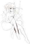  ahoge artoria_pendragon_(all) bare_shoulders breasts cleavage corset fate/stay_night fate/unlimited_codes fate_(series) flower garters green_eyes hand_in_hair heart heart_pillow highres lily_(flower) lineart monochrome non-web_source pillow ponytail saber saber_lily single_thighhigh small_breasts smile solo spot_color sword thighhighs toes tusia weapon 