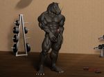  abs anthro balls biceps big_muscles big_penis black_skin bodybuilder cgi clenched_teeth darkwargreymon_(artist) dripping erection grey_skin gym horn humanoid_penis leaking male mammal masturbation muscles nipples nude pecs penis pose precum presenting public rhinoceros solo standing teeth toned vein weights 