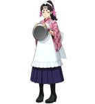  absurdres apron black_eyes black_hair boots bracelet cross-laced_footwear eyebrows fingernails full_body fuse_takuro gyakuten_saiban gyakuten_saiban_5 hair_intakes high_heels highres holding japanese_clothes jewelry kimono long_skirt long_sleeves looking_back maid_headdress official_art paw_print pigeon-toed pink_kimono ponytail print_kimono shide shoes skirt solo standing tenma_yumemi thick_eyebrows transparent_background tray wavy_hair wide_sleeves yagasuri 