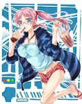  blue_eyes breasts bubble_tea camisole covered_nipples drink drinking follen_(639594) glasses holding jacket jewelry large_breasts long_hair looking_at_viewer necklace original pink_hair running sandals short_shorts shorts sleeves_pushed_up solo striped twintails 