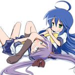  armbar blue_eyes blue_hair green_eyes hiiragi_kagami izumi_konata long_hair lucky_star mizushima_(p201112) mole mole_under_eye multiple_girls pee peeing purple_hair ryouou_school_uniform school_uniform serafuku tears twintails wrestling 