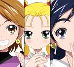  bad_id bad_pixiv_id black_hair blonde_hair brown_eyes brown_hair column_lineup cure_black cure_white dress earrings futari_wa_precure futari_wa_precure_max_heart gloves hair_ribbon hand_to_own_mouth hands_clasped haru_(nature_life) heart jewelry kujou_hikari long_hair magical_girl misumi_nagisa multiple_girls out_of_frame own_hands_together portrait precure purple_eyes ribbon shiny_luminous short_hair smile teeth twintails yukishiro_honoka 