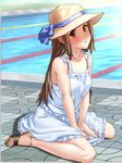  absurdres blush brown_eyes brown_hair day dress fence full_body hat highres lane_line legs long_hair original outdoors pool poolside ribbon sandals sitting solo sun_hat sundress wariza yawakon 