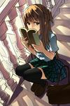  bag black_legwear book book_to_mouth brown_eyes brown_hair covering_mouth half_updo highres holding holding_book long_hair looking_at_viewer original plaid plaid_skirt pleated_skirt school_uniform shoulder_bag sitting sitting_on_stairs skirt solo stairs stk thighhighs zettai_ryouiki 