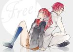  1girl back-to-back blazer blue_legwear brother_and_sister cardigan free! gakuran indian_style jacket kneehighs leaning_back loafers long_hair matsuoka_gou matsuoka_rin mui open_clothes open_jacket ponytail red_eyes red_hair school_uniform shoes siblings sitting skirt 
