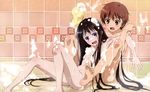  2girls absurdres barefoot bath bathing black_hair blue_eyes brown_hair dengeki_g's detexted feet hair_ornament hairclip highres hiyamizu_yukie kami-sama_no_memo-chou kamisama_no_memochou locked_arms long_hair magazine_scan multiple_girls naked nude official_art photoshop restrained scan shinozaki_ayaka shionji_yuuko short_hair sitting soap_bubbles soles suds tiles toes very_long_hair wash_cloth wet 