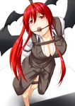  arms_behind_back bat_wings bdsm blush bondage bound breasts cleavage crotch_rope gagged head_wings highres koakuma large_breasts long_hair niwatazumi red_eyes red_hair rope shibari sketch solo tongue tongue_clamp tongue_out touhou wings 